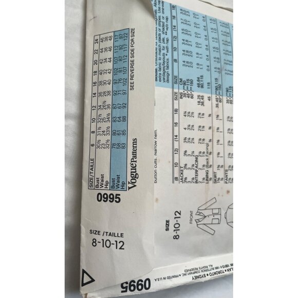 Vogue 0995 Sewing Pattern Uncut 80s Suit Separates Womens 8/10/12 - Picture 4 of 4